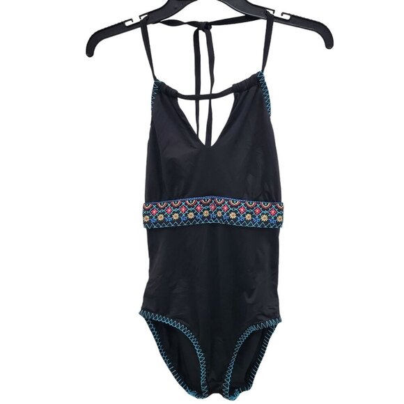 Apt. 9 Women's Black Boho Embroidered High Neck Halter One Piece Swimsuit Size M - Picture 1 of 8